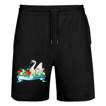 Schwan und Ente im See mit frühlingshaftem Ufer - Stanley/Stella Unisex Bio Joggingshorts Trainer  - Schwarz - Vorne - Nik (191cm) & Marisol (170cm)