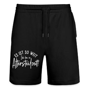 Es ist so weit Ich bin in Altersteilzeit - Stanley/Stella Unisex Bio Joggingshorts Trainer  - Schwarz - Vorne - Nik (191cm) & Marisol (170cm)