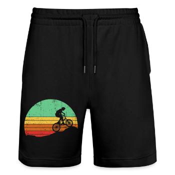 Retro Sunset Cyclist Silhouette - Stanley/Stella Trainer Unisex Organic Jogging Shorts - black - Front - Nik (191cm) & Marisol (170cm)