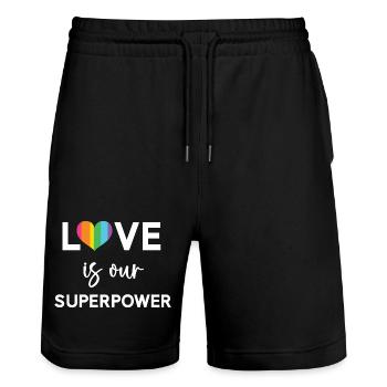 Mois de la fierté - LGBTQ+ L’amour est notre superpouvoir - Short de jogging bio TRAINER Stanley/Stella unisexe - noir - Devant - Nik (191cm) & Marisol (170cm)
