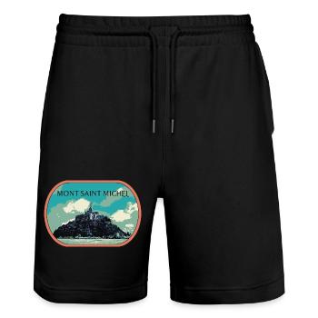 Illustration in blue and green of Mont Saint Michel - Stanley/Stella Trainer Unisex Organic Jogging Shorts - black - Front - Nik (191cm) & Marisol (170cm)