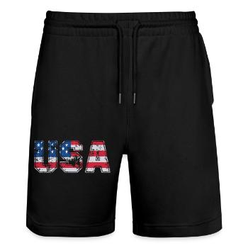 USA US Flag Patriotic America t-shirt - Stanley/Stella Trainer Unisex Organic Jogging Shorts - black - Front - Nik (191cm) & Marisol (170cm)