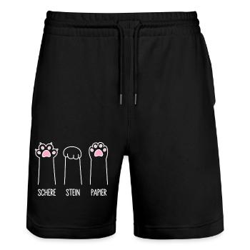 Katze Pfote Katzenpfoten Spiel Schere Stein Papier - Stanley/Stella Unisex Bio Joggingshorts Trainer  - Schwarz - Vorne - Nik (191cm) & Marisol (170cm)
