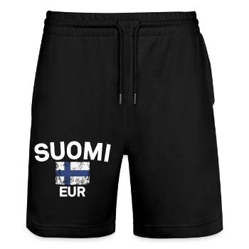 Finnish Flag Grunge: Suomi EUR - Stanley/Stella Trainer Unisex Organic Jogging Shorts - black - Front - Nik (191cm) & Marisol (170cm)