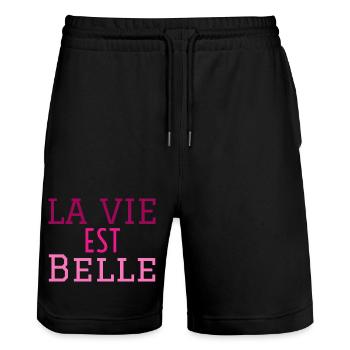 la vie est belle - Short de jogging bio TRAINER Stanley/Stella unisexe - noir - Devant - Nik (191cm) & Marisol (170cm)