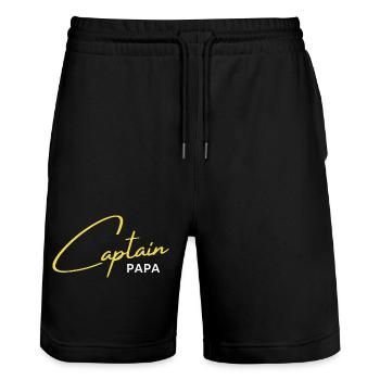 Capitaine Papa — lettrage jaune - Short de jogging bio TRAINER Stanley/Stella unisexe - noir - Devant - Nik (191cm) & Marisol (170cm)