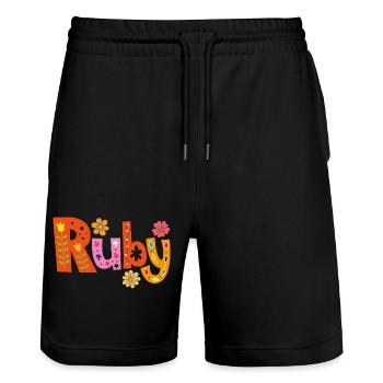 Personalisierter Ruby-Name - Stanley/Stella Unisex Bio Joggingshorts Trainer  - Schwarz - Vorne - Nik (191cm) & Marisol (170cm)