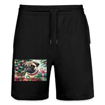 Cute Christmas Pug with Gifts - Stanley/Stella Trainer Unisex Organic Jogging Shorts - black - Front - Nik (191cm) & Marisol (170cm)