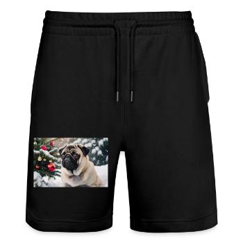 Mignon carlin devant un sapin de Noël enneigé - Short de jogging bio TRAINER Stanley/Stella unisexe - noir - Devant - Nik (191cm) & Marisol (170cm)