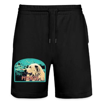 Pyrenäen-Schäferhund-Aufnäher: Berggefährte - Stanley/Stella Unisex Bio Joggingshorts Trainer  - Schwarz - Vorne - Nik (191cm) & Marisol (170cm)