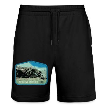 Pyrenees Landscape Escutcheon: Authentic Nature - Stanley/Stella Trainer Unisex Organic Jogging Shorts - black - Front - Nik (191cm) & Marisol (170cm)