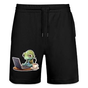 Gecko Home Office Coffee Laptop Funny Shirt - Stanley/Stella Trainer Unisex Organic Jogging Shorts - black - Front - Nik (191cm) & Marisol (170cm)
