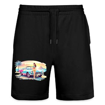 Girl with sports car 2 - Stanley/Stella Trainer Unisex Organic Jogging Shorts - black - Front - Nik (191cm) & Marisol (170cm)