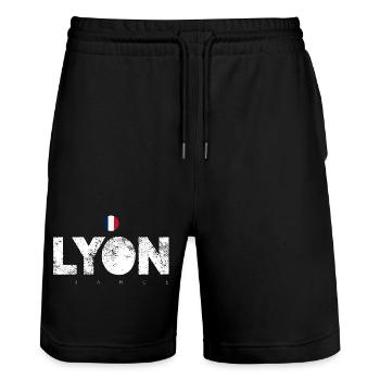 Texte en gras de Lyon avec drapeau français - Short de jogging bio TRAINER Stanley/Stella unisexe - noir - Devant - Nik (191cm) & Marisol (170cm)