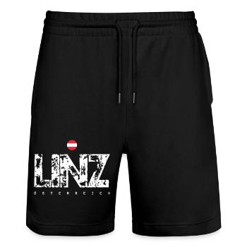 Linz Distressed City Text - Stanley/Stella Trainer Unisex Organic Jogging Shorts - black - Front - Nik (191cm) & Marisol (170cm)