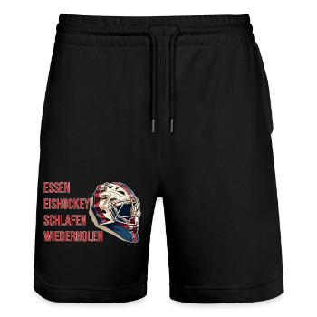 Essen, Eishockey, Schlafen, Wiederholen - Stanley/Stella Unisex Bio Joggingshorts Trainer  - Schwarz - Vorne - Nik (191cm) & Marisol (170cm)