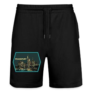 Illustration, Panoramablick Frankfurt bei Nacht - Stanley/Stella Unisex Bio Joggingshorts Trainer  - Schwarz - Vorne - Nik (191cm) & Marisol (170cm)