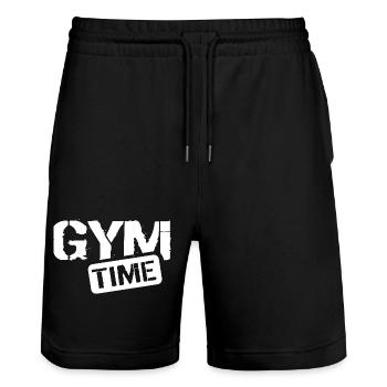 gym time fitness bodybuilding workout icon logo - Stanley/Stella Trainer Unisex Organic Jogging Shorts - black - Front - Nik (191cm) & Marisol (170cm)