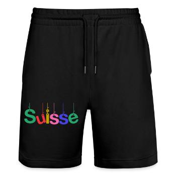 SCHWEIZ. LAND. GENF. HUMOR. FLAGGE - Stanley/Stella Unisex Bio Joggingshorts Trainer  - Schwarz - Vorne - Nik (191cm) & Marisol (170cm)