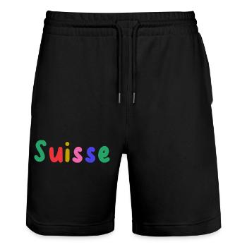 SUISSE. PAYS - Short de jogging bio TRAINER Stanley/Stella unisexe - noir - Devant - Nik (191cm) & Marisol (170cm)