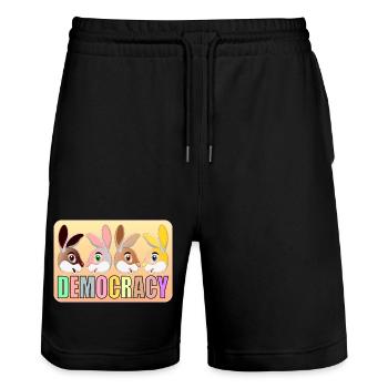 DÉMOCRATIE POUR ENFANTS - LAPINS - Short de jogging bio TRAINER Stanley/Stella unisexe - noir - Devant - Nik (191cm) & Marisol (170cm)