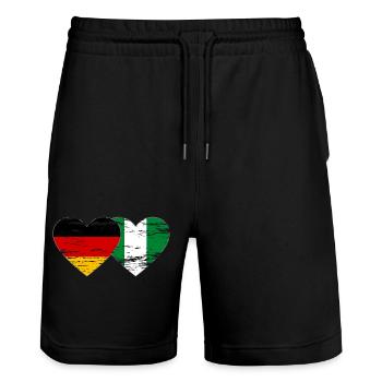 Germany Nigeria flag heart used - Stanley/Stella Trainer Unisex Organic Jogging Shorts - black - Front - Nik (191cm) & Marisol (170cm)