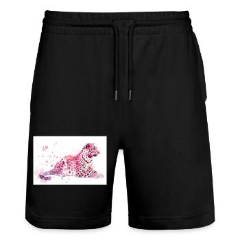 Rosa Leoparden Aquarell - Stanley/Stella Unisex Bio Joggingshorts Trainer  - Schwarz - Vorne - Nik (191cm) & Marisol (170cm)