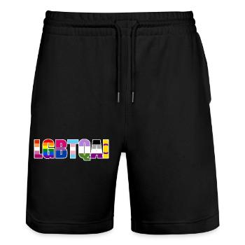 LGBTQIA Rainbow Typography - Stanley/Stella Trainer Unisex Organic Jogging Shorts - black - Front - Nik (191cm) & Marisol (170cm)
