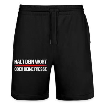 Halt dein Wort oder Fresse – Frecher Spruch - Stanley/Stella Unisex Bio Joggingshorts Trainer  - Schwarz - Vorne - Nik (191cm) & Marisol (170cm)