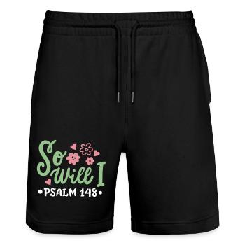 Christlich Glaube Bibelvers - Stanley/Stella Unisex Bio Joggingshorts Trainer  - Schwarz - Vorne - Nik (191cm) & Marisol (170cm)