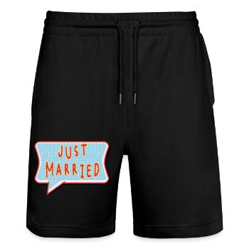 GERADE VERHEIRATET. Junggesellinnenabschied. VALENTINSTAG. PAAR - Stanley/Stella Unisex Bio Joggingshorts Trainer  - Schwarz - Vorne - Nik (191cm) & Marisol (170cm)