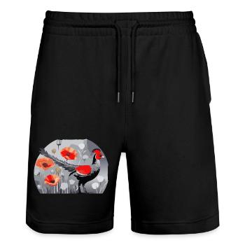 Illustration de faisan et coquelicots - Short de jogging bio TRAINER Stanley/Stella unisexe - noir - Devant - Nik (191cm) & Marisol (170cm)