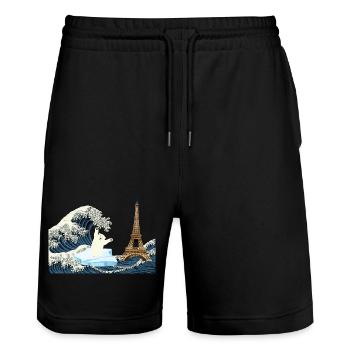 Ecology Paris Climate T Shirt Great Wave Bear - Stanley/Stella Trainer Unisex Organic Jogging Shorts - black - Front - Nik (191cm) & Marisol (170cm)