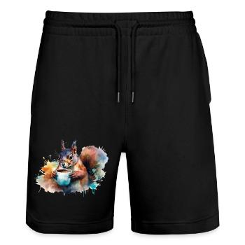 Eichhörnchen trinkt eine Tasse Kaffee - Stanley/Stella Unisex Bio Joggingshorts Trainer  - Schwarz - Vorne - Nik (191cm) & Marisol (170cm)