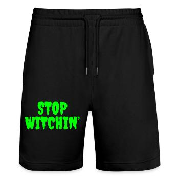 Vibrant Stop Witchin Horror Typography - Stanley/Stella Trainer Unisex Organic Jogging Shorts - black - Front - Nik (191cm) & Marisol (170cm)