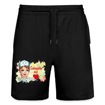 Schwester mit Herz Pflegehelden - Stanley/Stella Unisex Bio Joggingshorts Trainer  - Schwarz - Vorne - Nik (191cm) & Marisol (170cm)