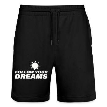 FOLLOW YOUR DREAMS - Stanley/Stella Trainer Unisex Organic Jogging Shorts - black - Front - Nik (191cm) & Marisol (170cm)