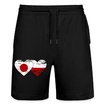 Drapeau du Japon Pologne coeur utilisé - Short de jogging bio TRAINER Stanley/Stella unisexe - noir - Devant - Nik (191cm) & Marisol (170cm)