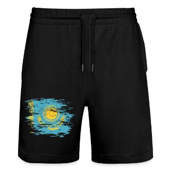 Kazakhstan flag used - Stanley/Stella Trainer Unisex Organic Jogging Shorts - black - Front - Nik (191cm) & Marisol (170cm)