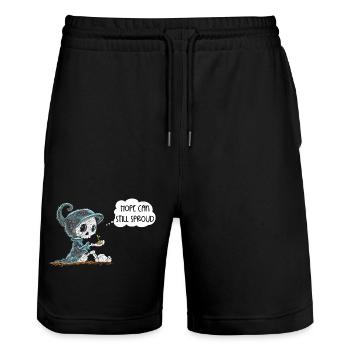 Skelett Hält Pflanze Hoffnung Entstehung Spruch - Stanley/Stella Unisex Bio Joggingshorts Trainer  - Schwarz - Vorne - Nik (191cm) & Marisol (170cm)