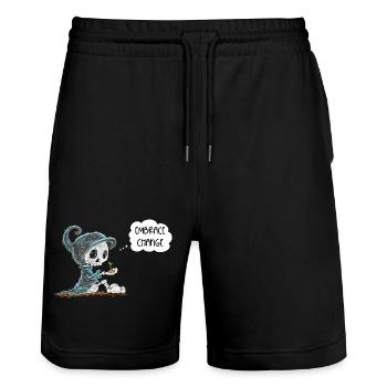 Skelett Hält Pflanze Hoffnung Entstehung Spruch - Stanley/Stella Unisex Bio Joggingshorts Trainer  - Schwarz - Vorne - Nik (191cm) & Marisol (170cm)