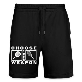Padel Tennis Shirt Hoodie Choose your weapon white - Stanley/Stella Trainer Unisex Organic Jogging Shorts - black - Front - Nik (191cm) & Marisol (170cm)