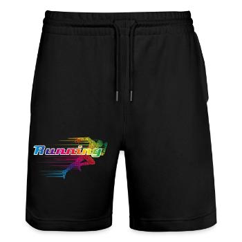 Farbenfroher Läufer im Sprint- Schriftzug „Running - Stanley/Stella Unisex Bio Joggingshorts Trainer  - Schwarz - Vorne - Nik (191cm) & Marisol (170cm)