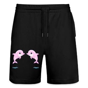 Two baby pink twin dolphins, jumping joyfully - Stanley/Stella Trainer Unisex Organic Jogging Shorts - black - Front - Nik (191cm) & Marisol (170cm)