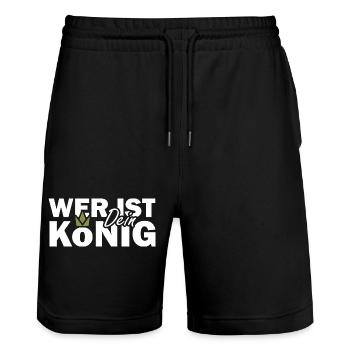 WER IST DEIN KÖNIG Jesus Bibelvers Spruch - Stanley/Stella Unisex Bio Joggingshorts Trainer  - Schwarz - Vorne - Nik (191cm) & Marisol (170cm)