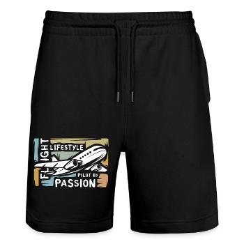 Pilote par Passion - collage d’avion vintage - Short de jogging bio TRAINER Stanley/Stella unisexe - noir - Devant - Nik (191cm) & Marisol (170cm)