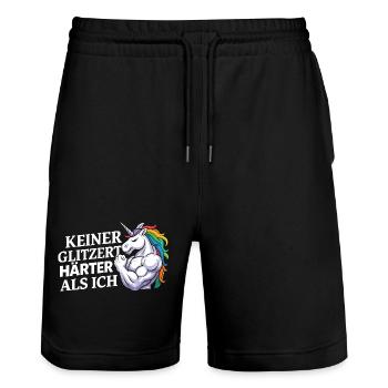 Härter als ich – Einhorn Kraftdesign - Stanley/Stella Unisex Bio Joggingshorts Trainer  - Schwarz - Vorne - Nik (191cm) & Marisol (170cm)
