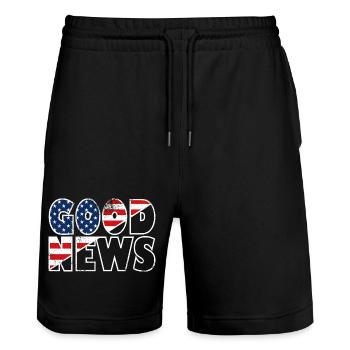 GOOD NEWS Stars and Stripes Bibelvers Evangelium - Stanley/Stella Unisex Bio Joggingshorts Trainer  - Schwarz - Vorne - Nik (191cm) & Marisol (170cm)