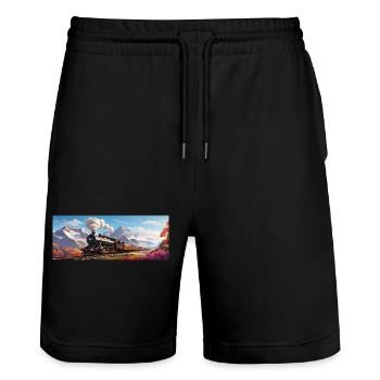 Nostalgic Railway Train with Steam Locomotive - Stanley/Stella Trainer Unisex Organic Jogging Shorts - black - Front - Nik (191cm) & Marisol (170cm)