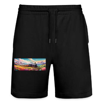 Nostalgic Railway Train with Steam Locomotive - Stanley/Stella Trainer Unisex Organic Jogging Shorts - black - Front - Nik (191cm) & Marisol (170cm)
